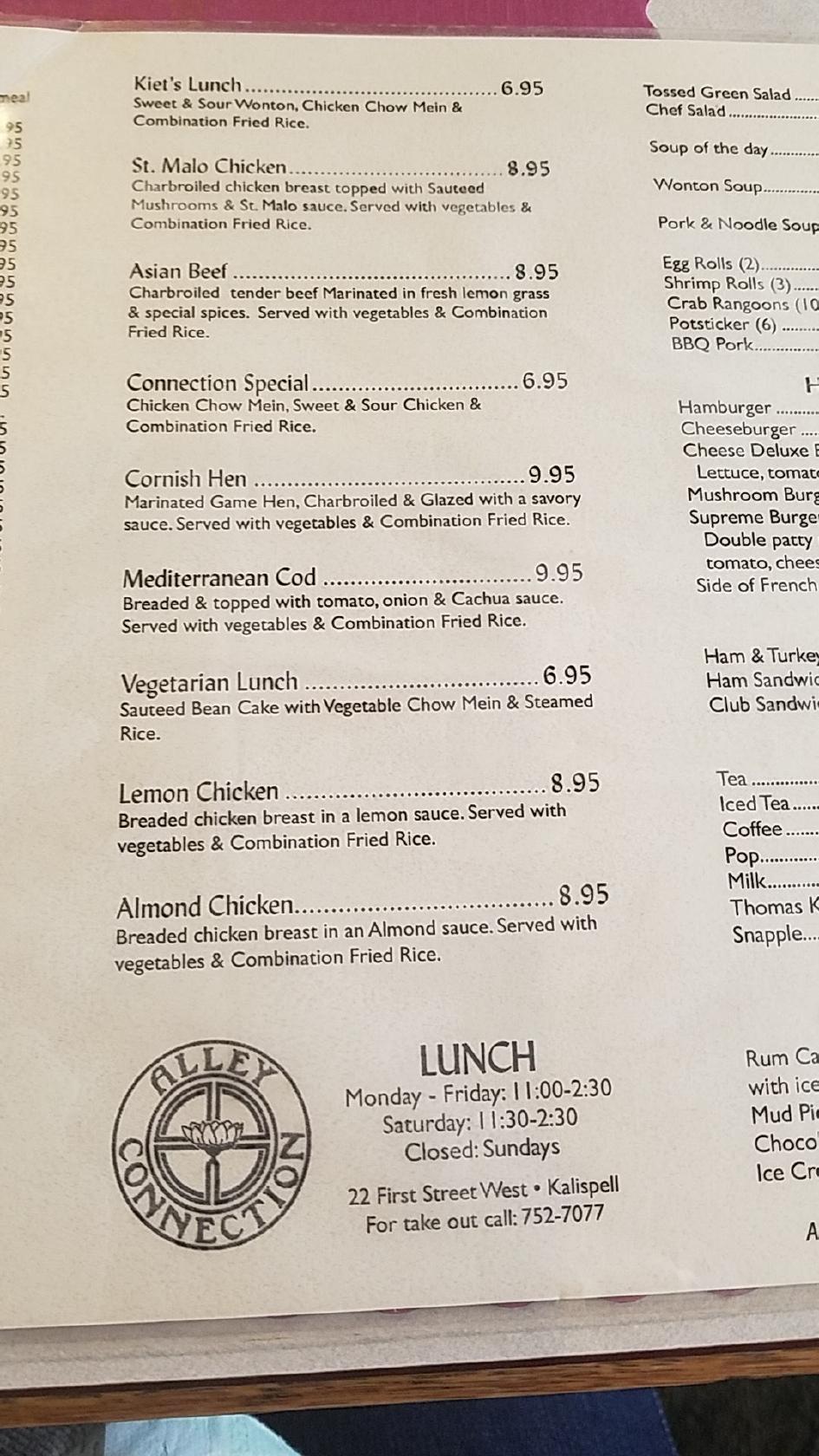 Menu at Alley Connection Restaurant, Kalispell