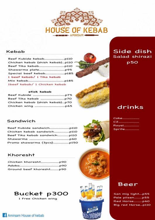 Menu at Amirsam house of kebab restaurant, Cabuyao