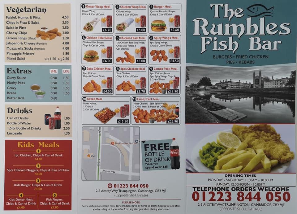 Menu at Rumbles Fish Bar Trumpington, Cambridge