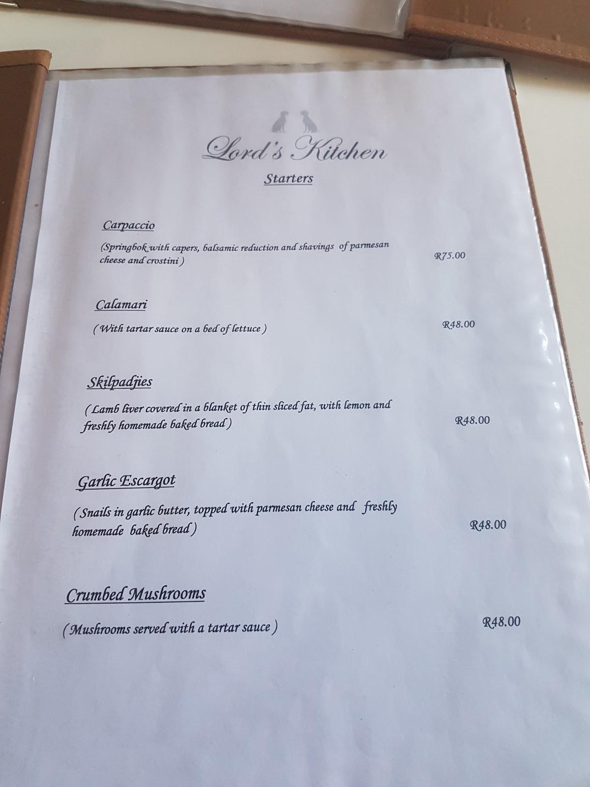 Menu at Lord's Kitchen Carnarvon restaurant, Carnarvon