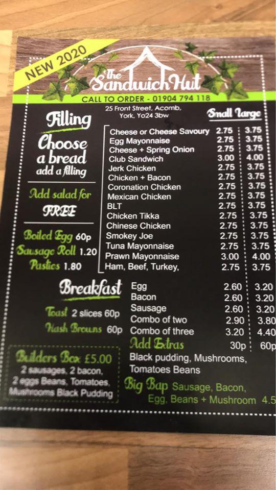 Menu at The Sandwich Hut cafe, York