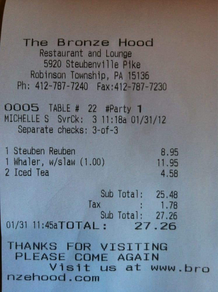 Menu at Bronze Hood Lounge pub & bar, Robinson Township, Steubenville Pike
