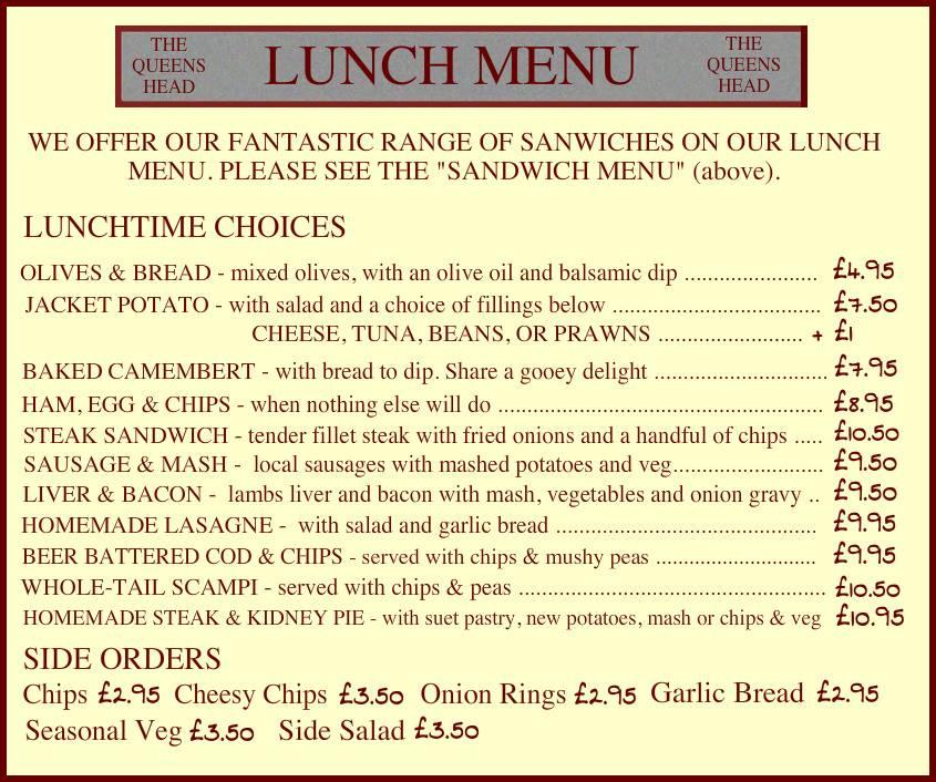 Menu At Queens Head Inn Pub & Bar, Bourton-on-the-water