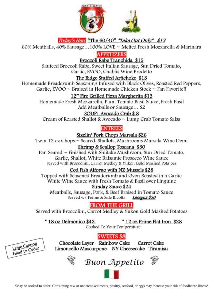 Menu at The Ridge Restaurant, Hawley