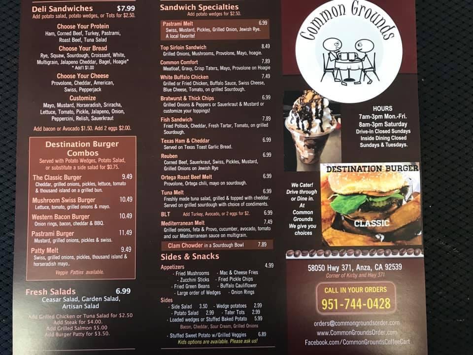 Menu at Common Grounds cafe, Anza