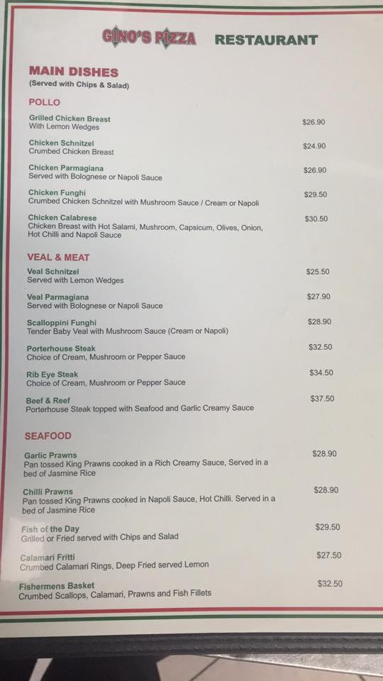 Menu at Gino's Pizza Restaurant, Lalor