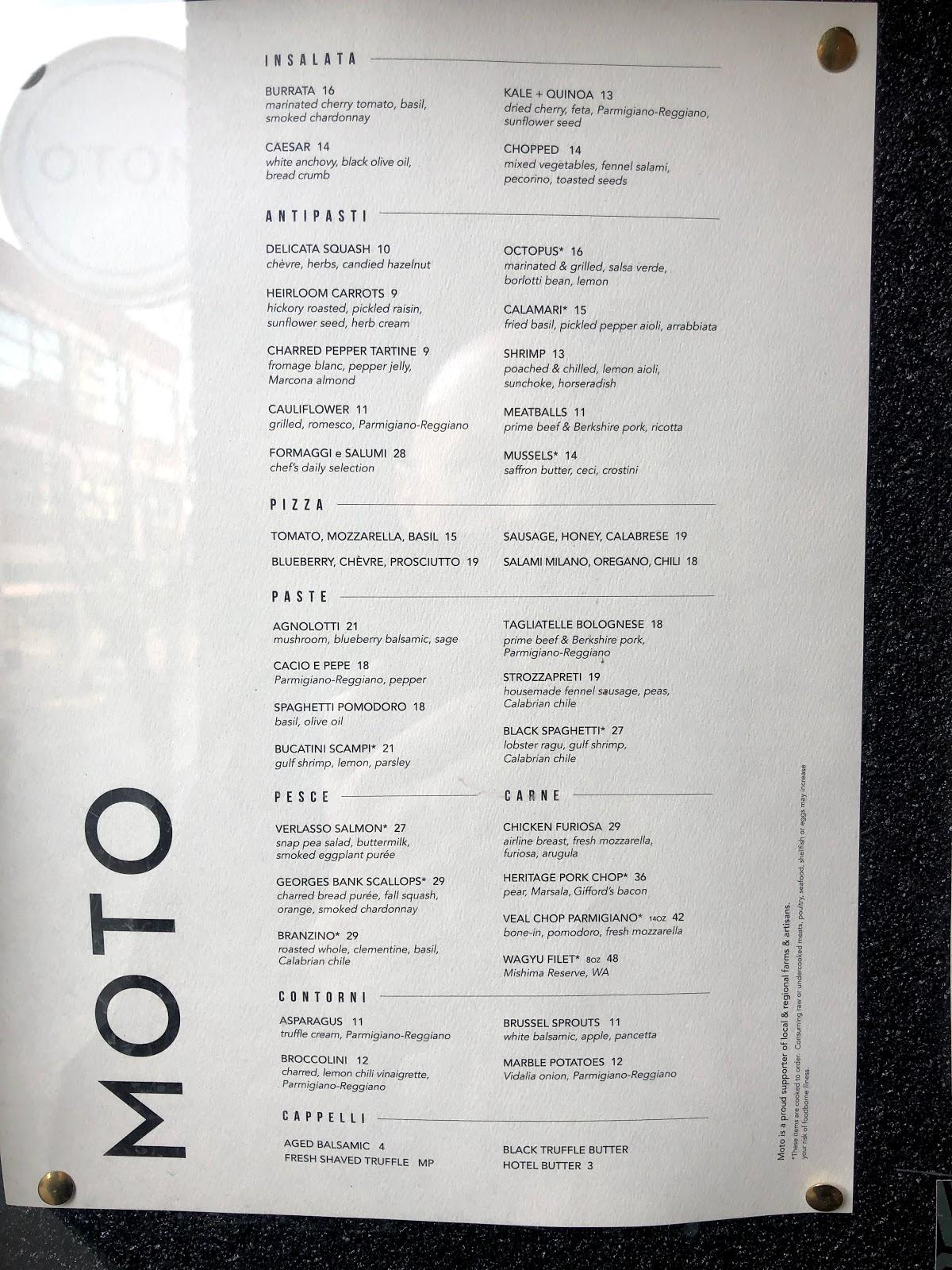 Menu at Moto restaurant, Nashville