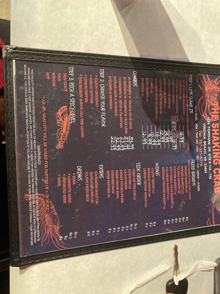 Menu at Shaking Crab restaurant, Virginia Beach