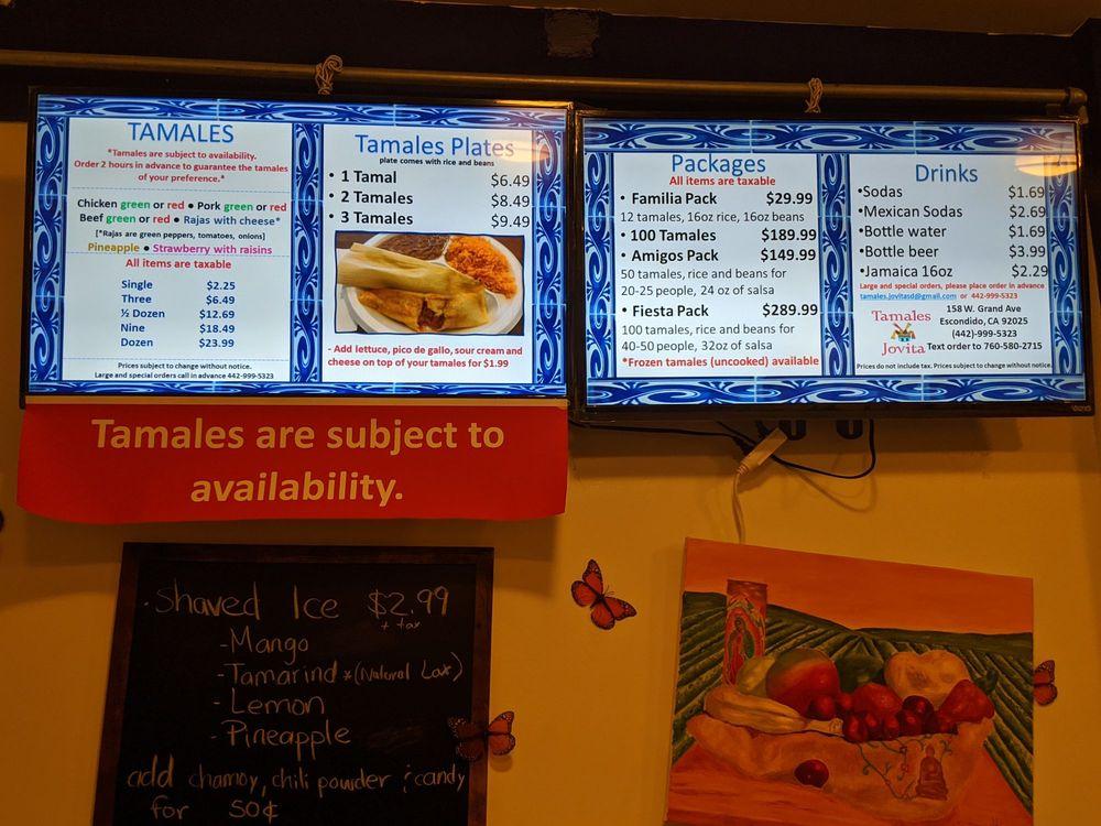 Menu at Tamales Jovita restaurant, Escondido