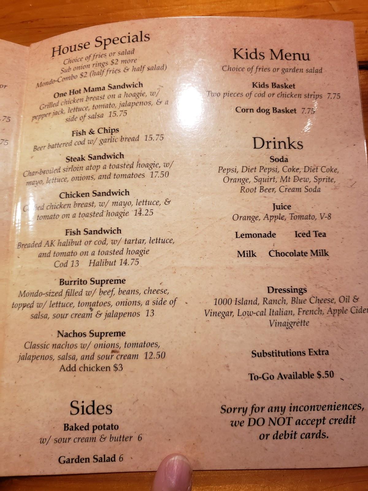 Menu at Monderosa Bar and Grill, USA