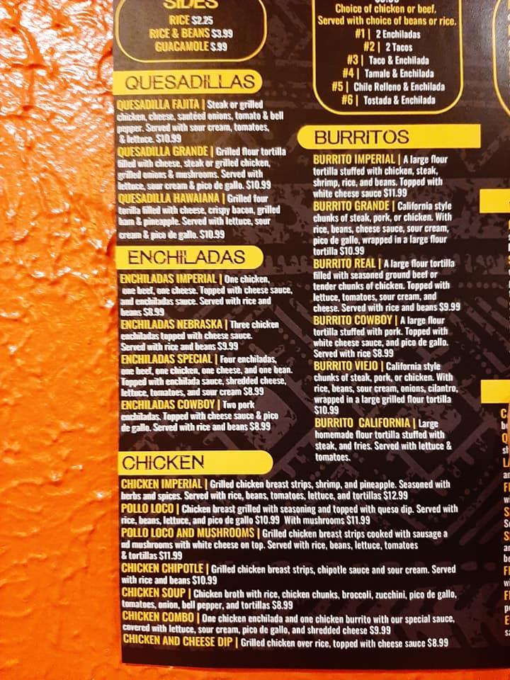 Menu at Tacos and tequila restaurant, O'Neill