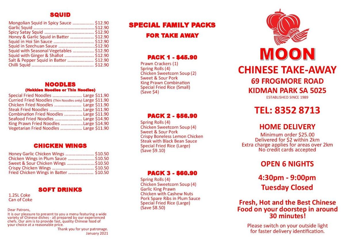 Menu at Moon Chinese Takeaway restaurant, Kidman Park