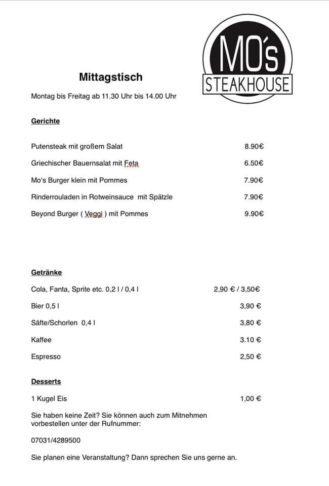 Menu At Mo S Steakhouse Holzgerlingen Holzgerlingen