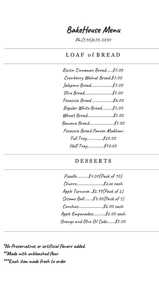 Menu at BakeHouse, Brentwood
