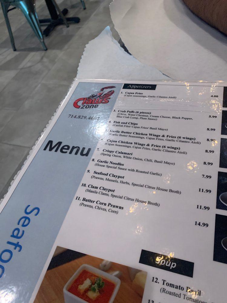 Menu at Claws Zone Anaheim restaurant, Anaheim