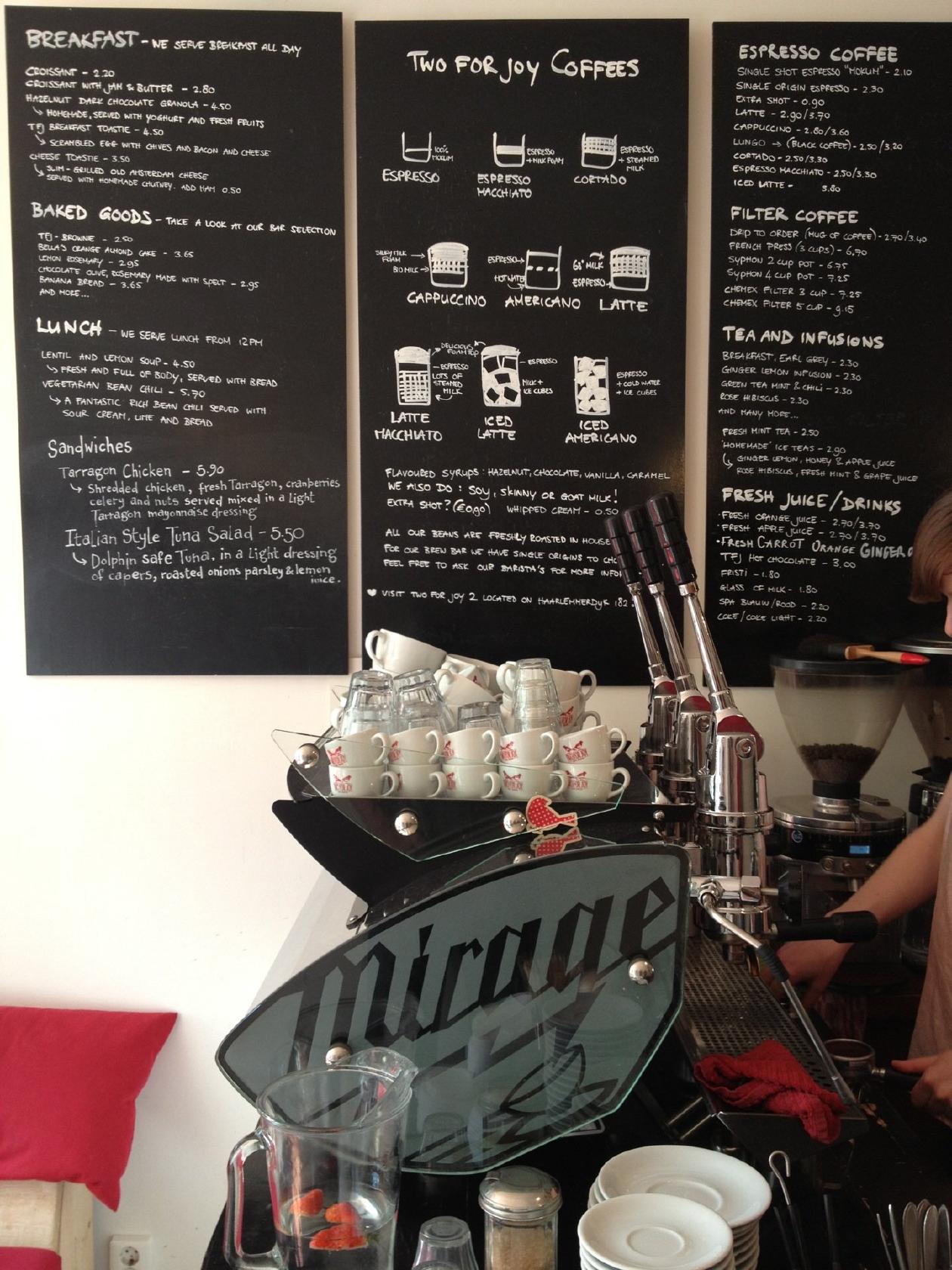 Menu at Two for Joy Coffee Roasters, Amsterdam