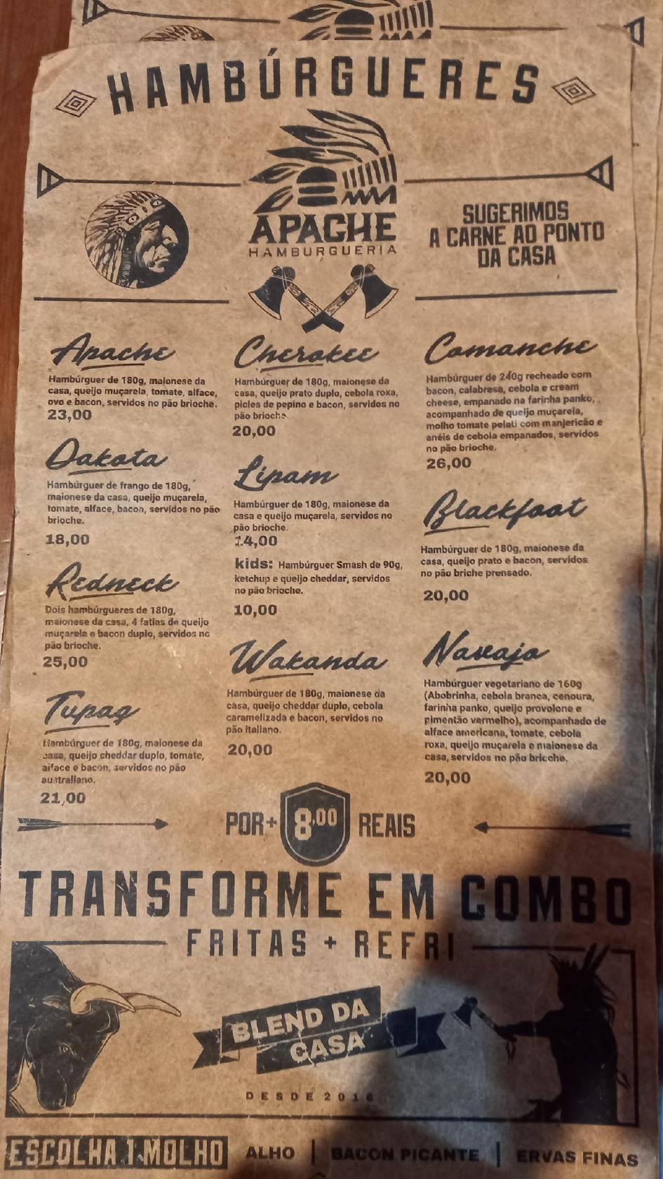 Menu em Apache Hamburgueria Vicente Pires restaurante Brasília