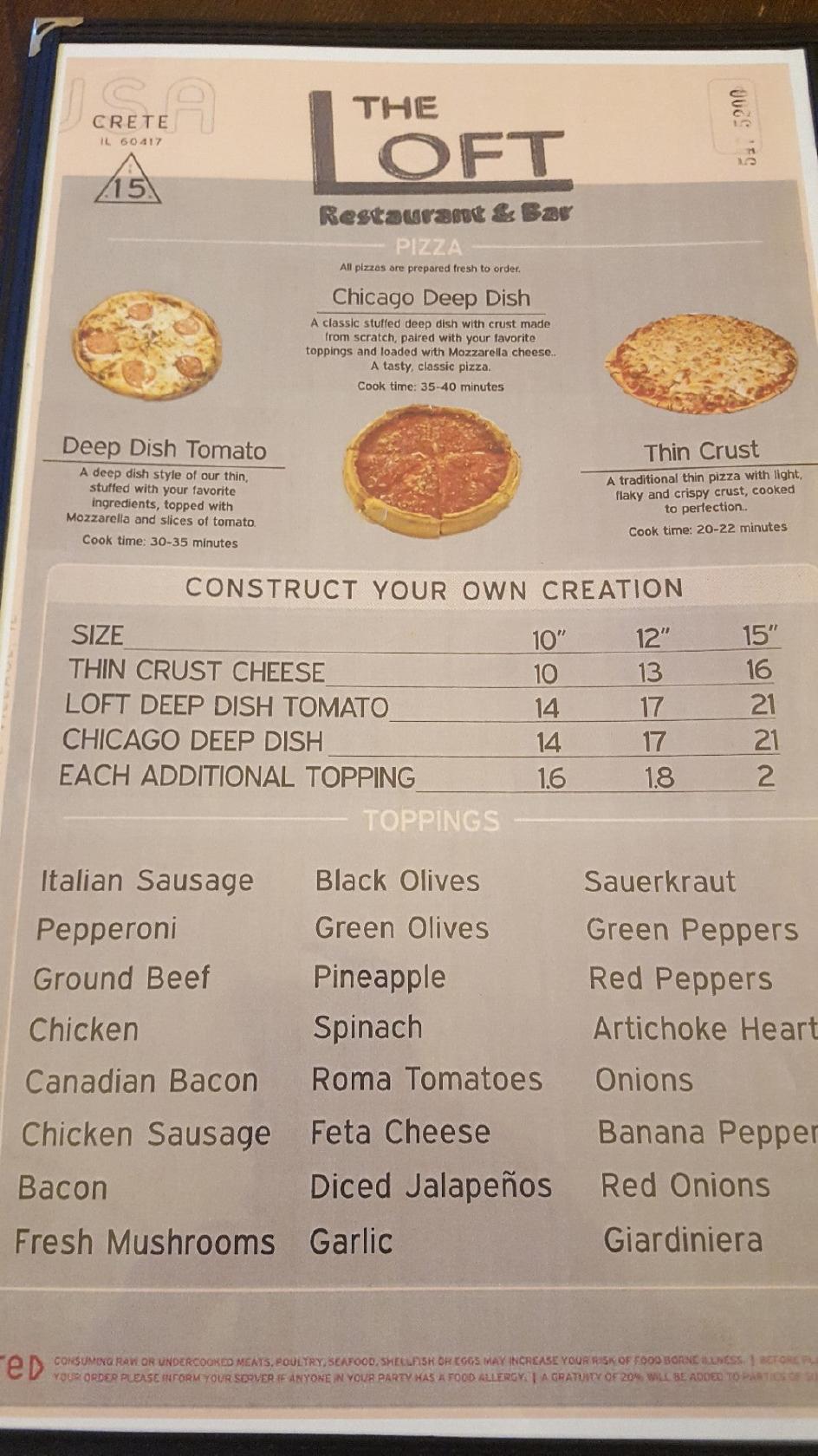 Menu at The Loft restaurant, Crete