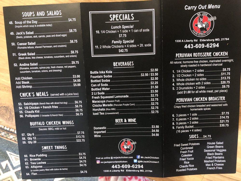 Menu at Mr. Jack Peruvian Rotisserie Chicken restaurant, Sykesville