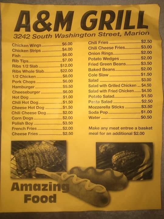 Menu at A&M Grill restaurant, Marion