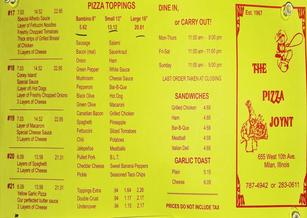 Menu at Pizza Joynt pizzeria, Milan