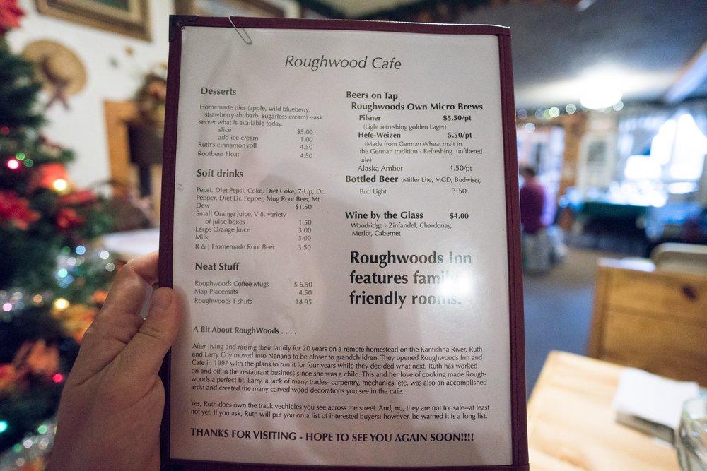 Menu at Rough Woods Inn cafe, Nenana