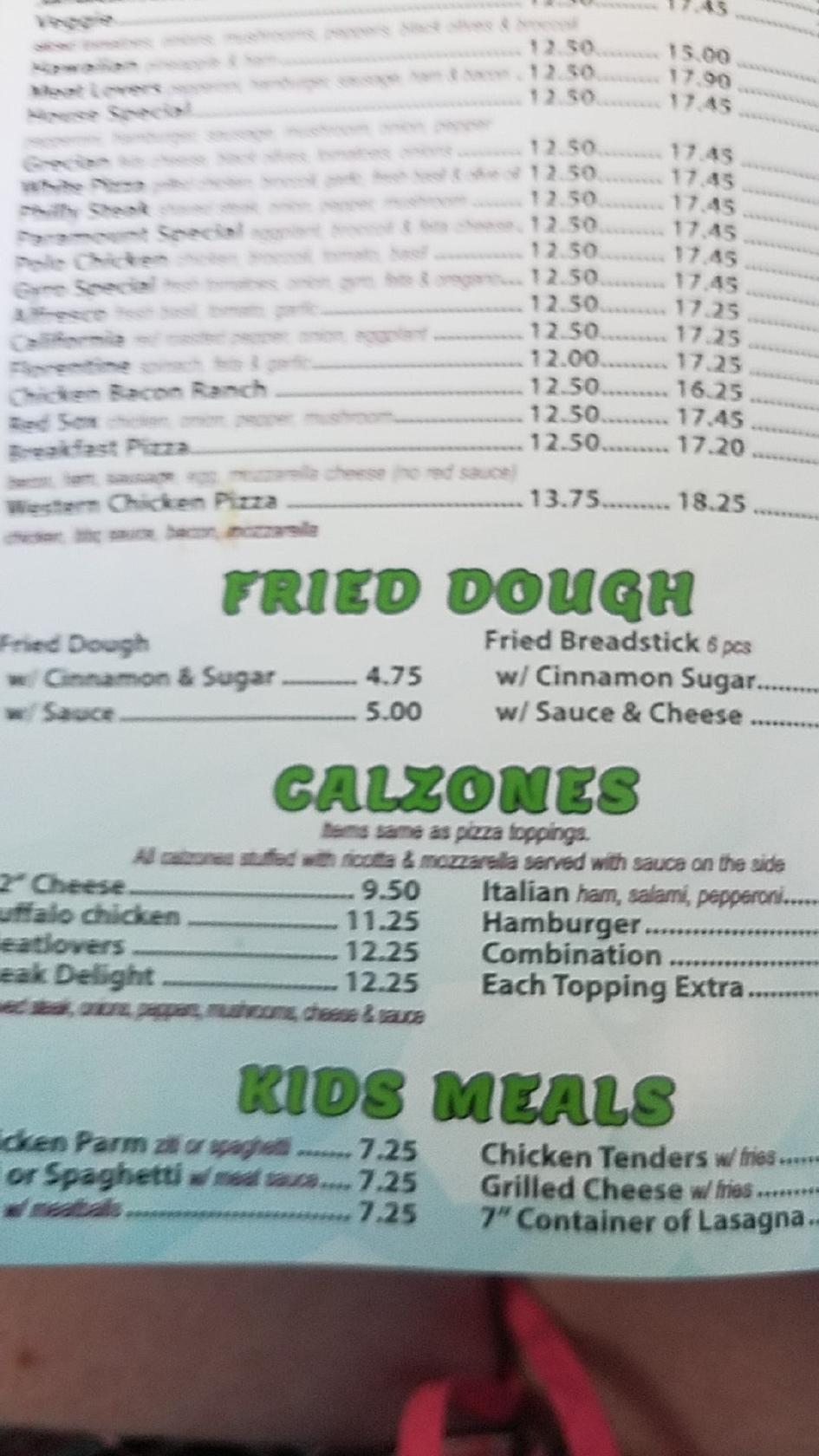 Menu at Paramount Pizza 3 pizzeria, Palmer