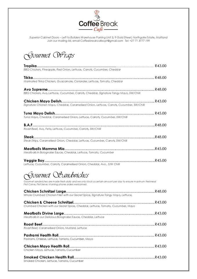 Menu at Coffee Break, Cape Town