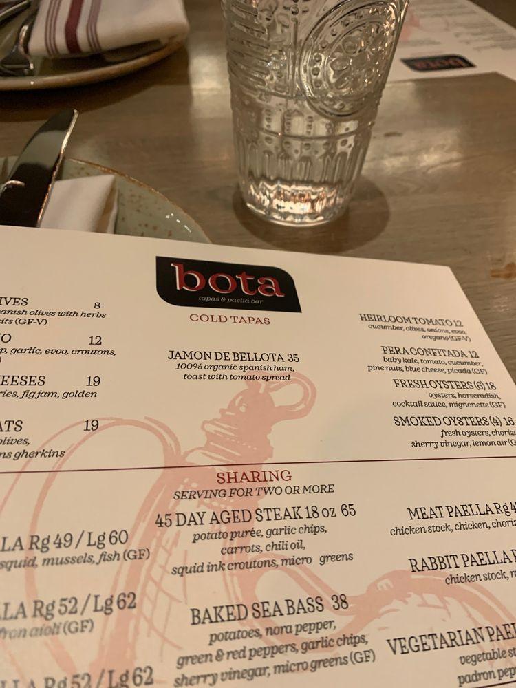 Menu at Bota Tapas & Paella Bar, San Francisco