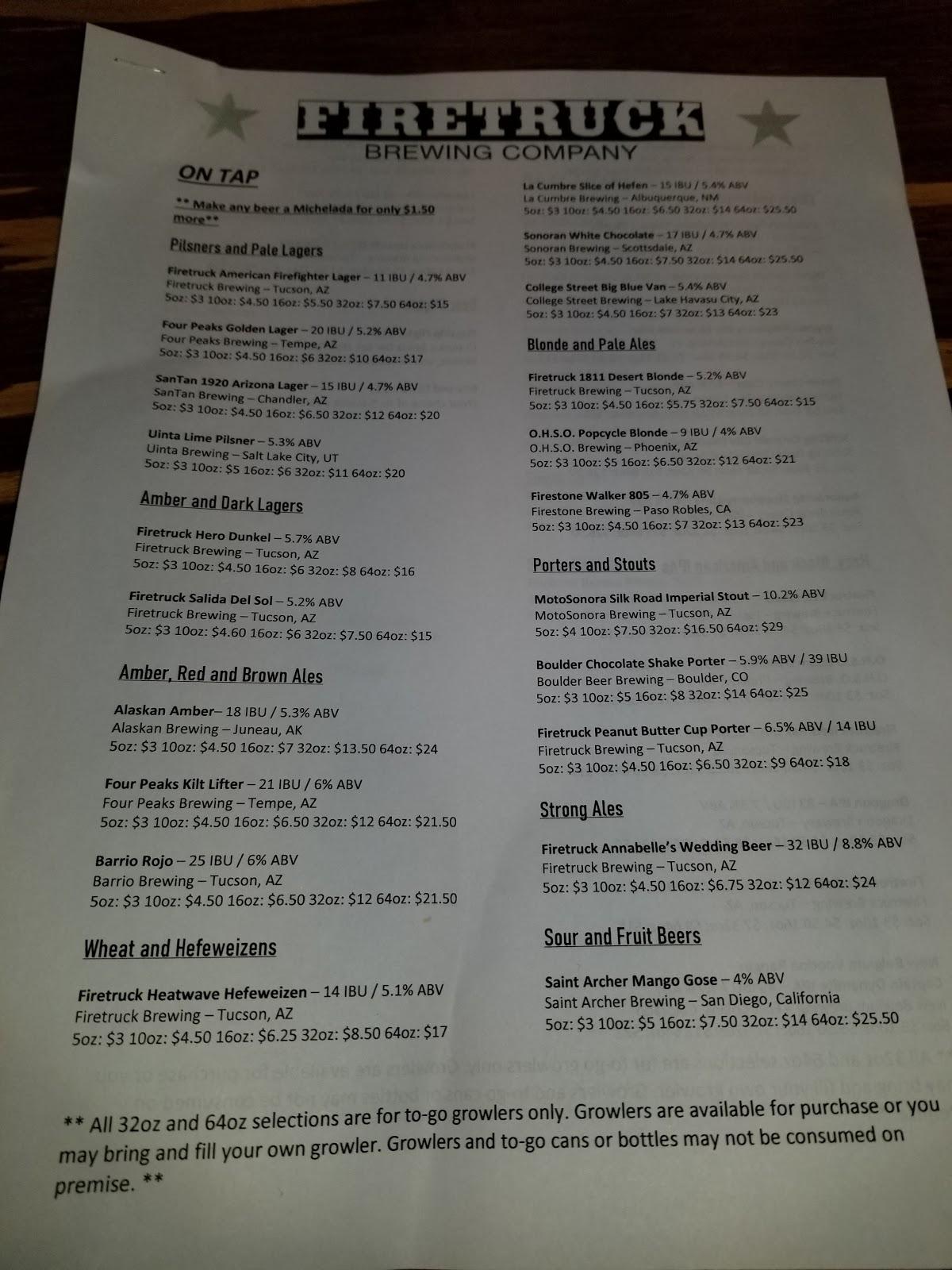 Menu at Firetruck Brewing Company BBQ, Oro Valley, N Oracle Rd 110