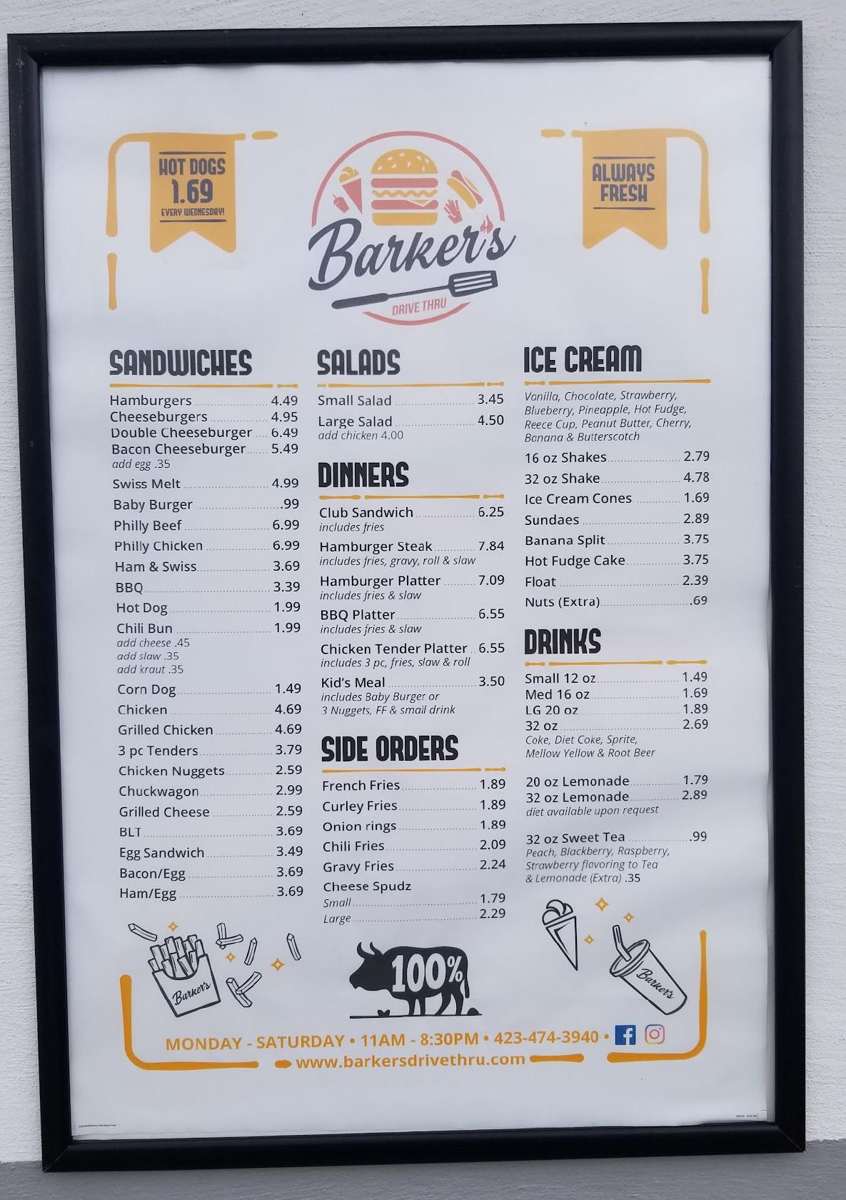 Menu at Barker's DriveThru, Elizabethton, TN91