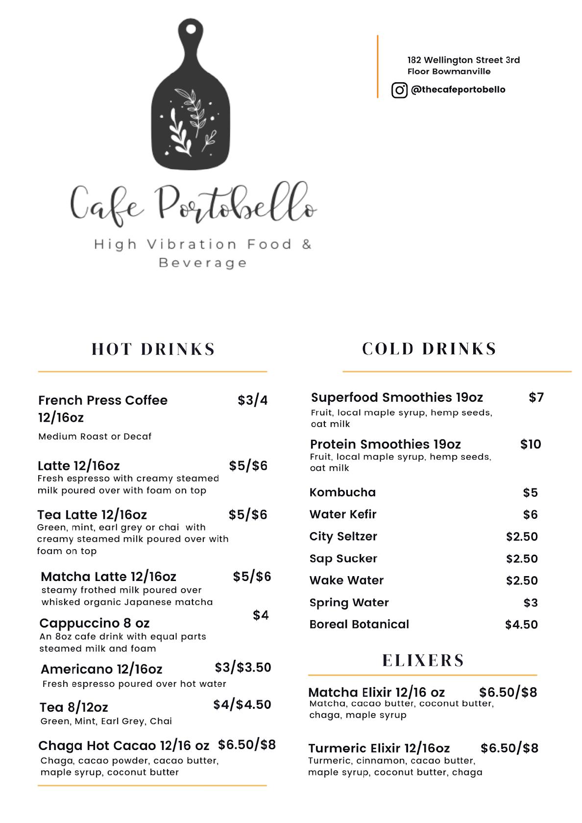 Menu at Cafe Portobello, Bowmanville