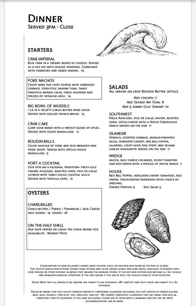 Menu at Tortuga's Saltwater Grill steakhouse, Port Aransas