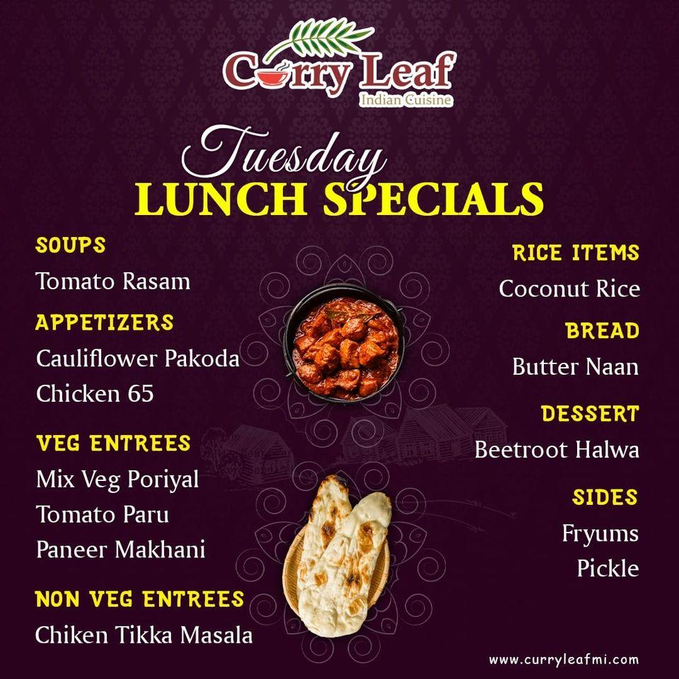 Menu at Curry Leaf restaurant, Grand Rapids