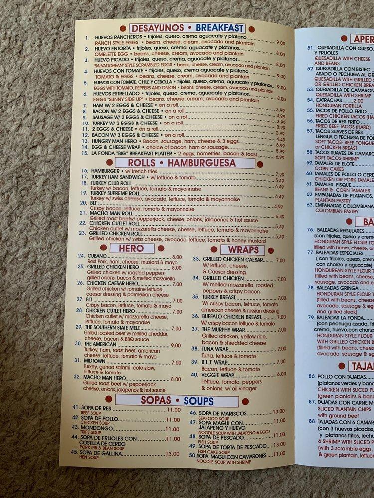 Menu at La Fonda restaurant, Levittown