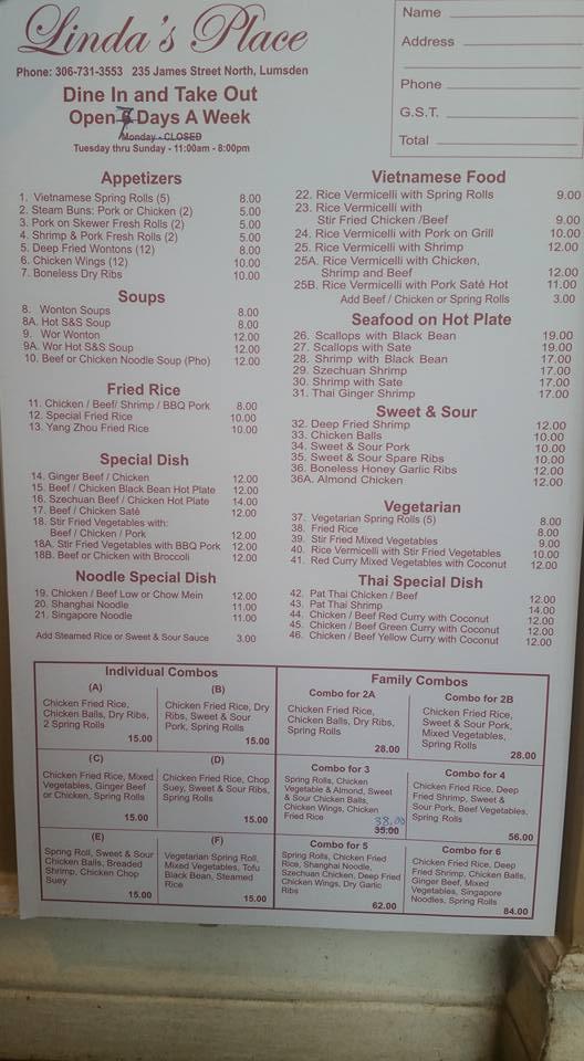 Menu at Linda's Place restaurant, Lumsden