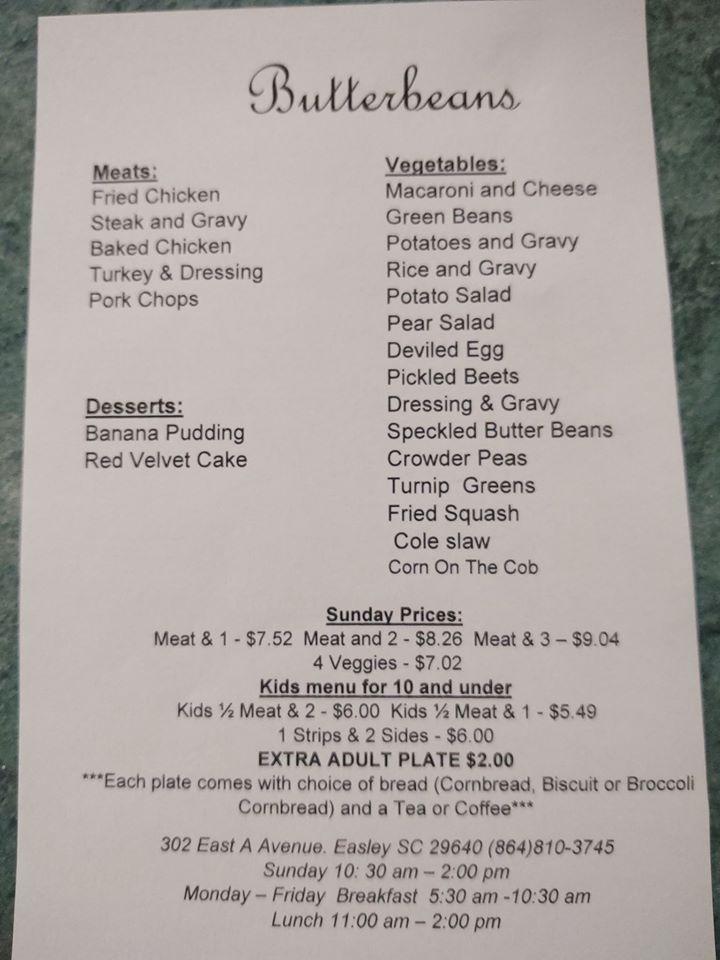 Menu at Butterbeans Restaurant, Easley