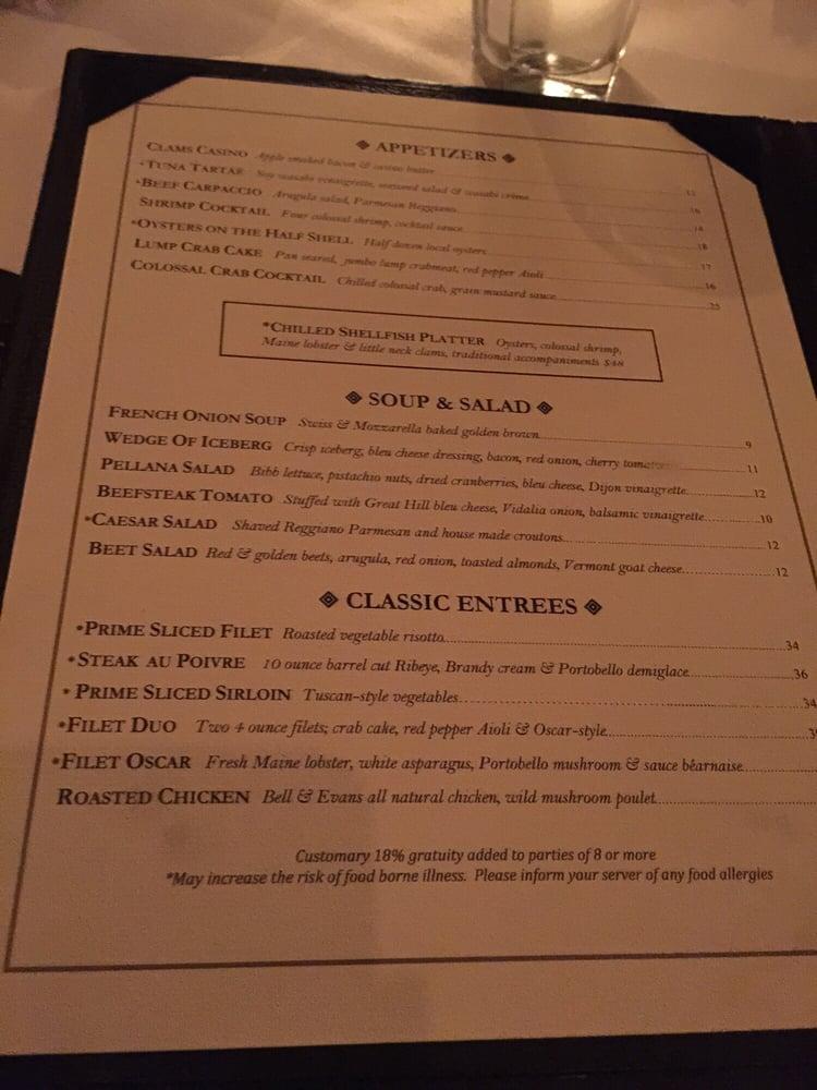 Menu at Pellana steakhouse, Peabody