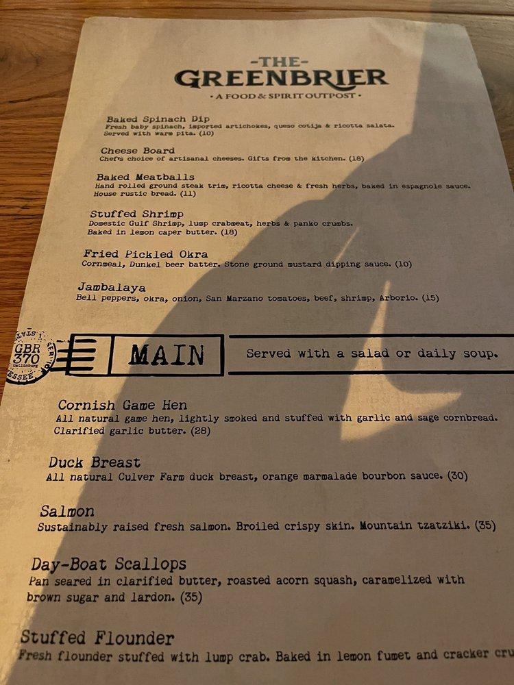 Menu at The Greenbrier Restaurant, Gatlinburg