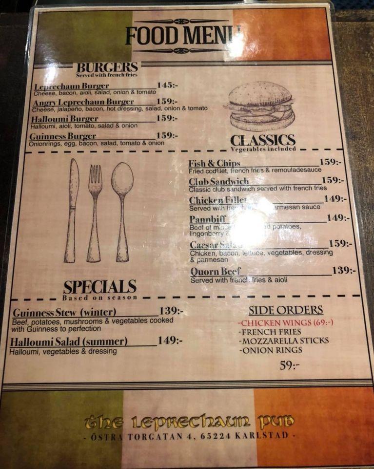 Menu at The Leprechaun Pub, Karlstad