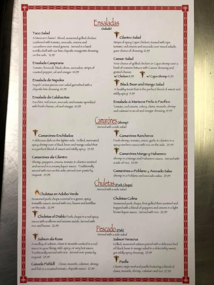 Menu at Cilantro restaurant, Fishkill