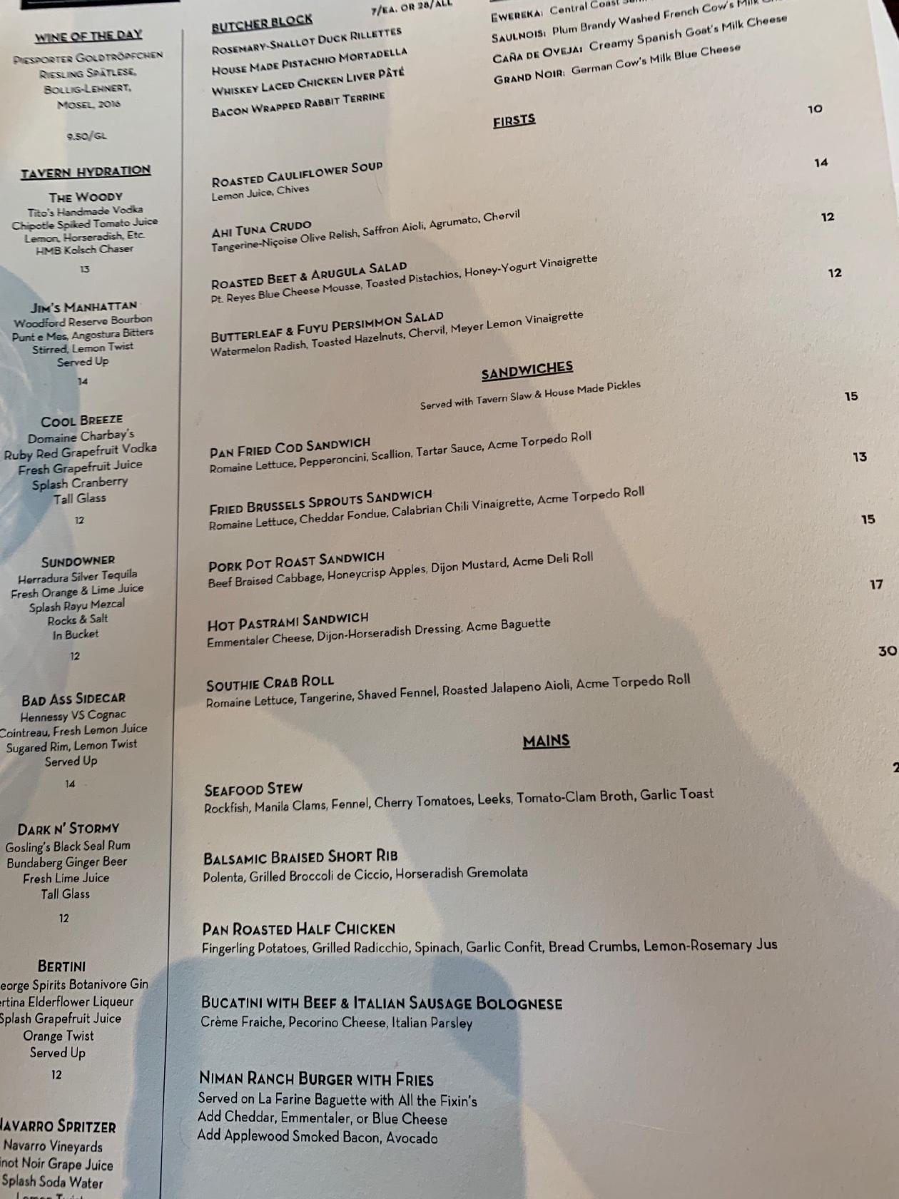 Menu at Wood Tavern restaurant, Oakland