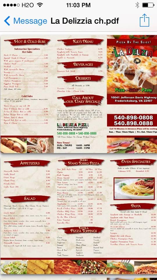Menu at La Delizia Pizza pizzeria, Leavells
