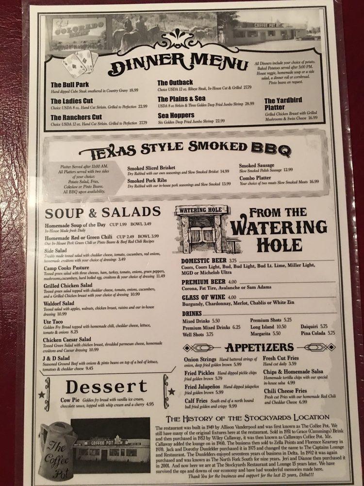 Menu at The Stockyards cafe, Delta