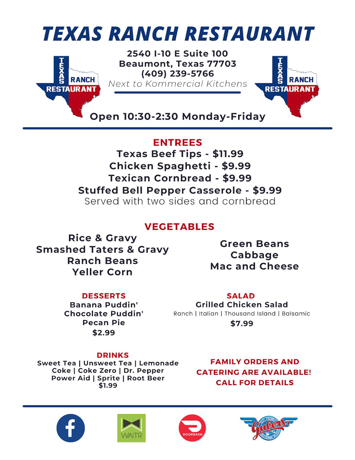 Menu at Texas Ranch Restaurant, Beaumont