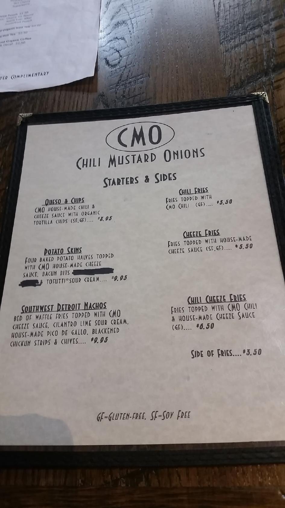 Menu at Chili Mustard Onions restaurant, Detroit
