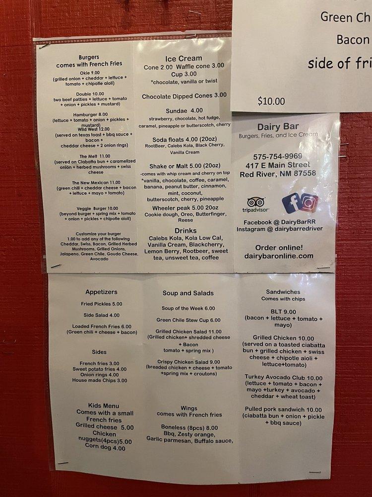 Menu at Dairy Bar, Red River