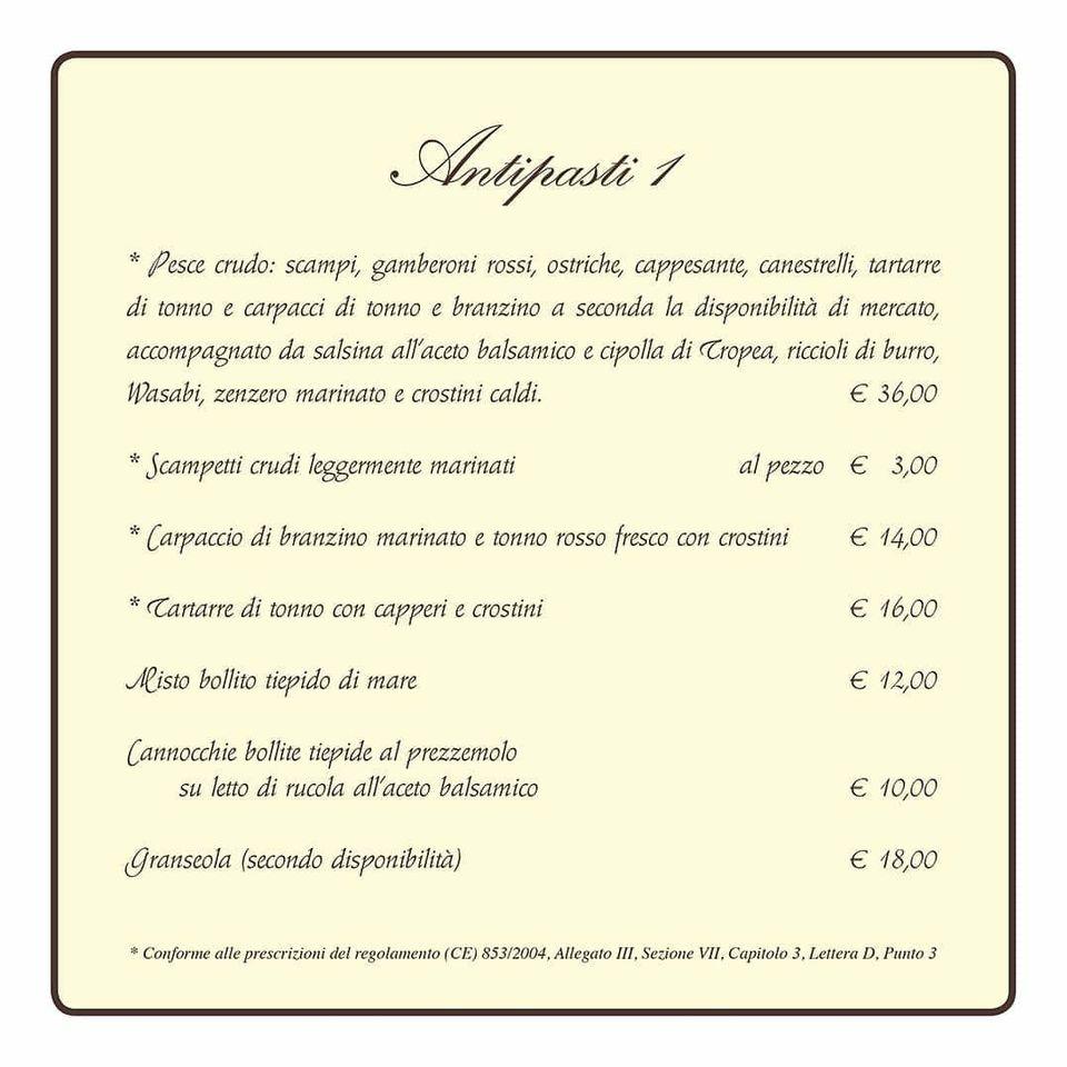 Menu at Antica Quercia restaurant, Solesino