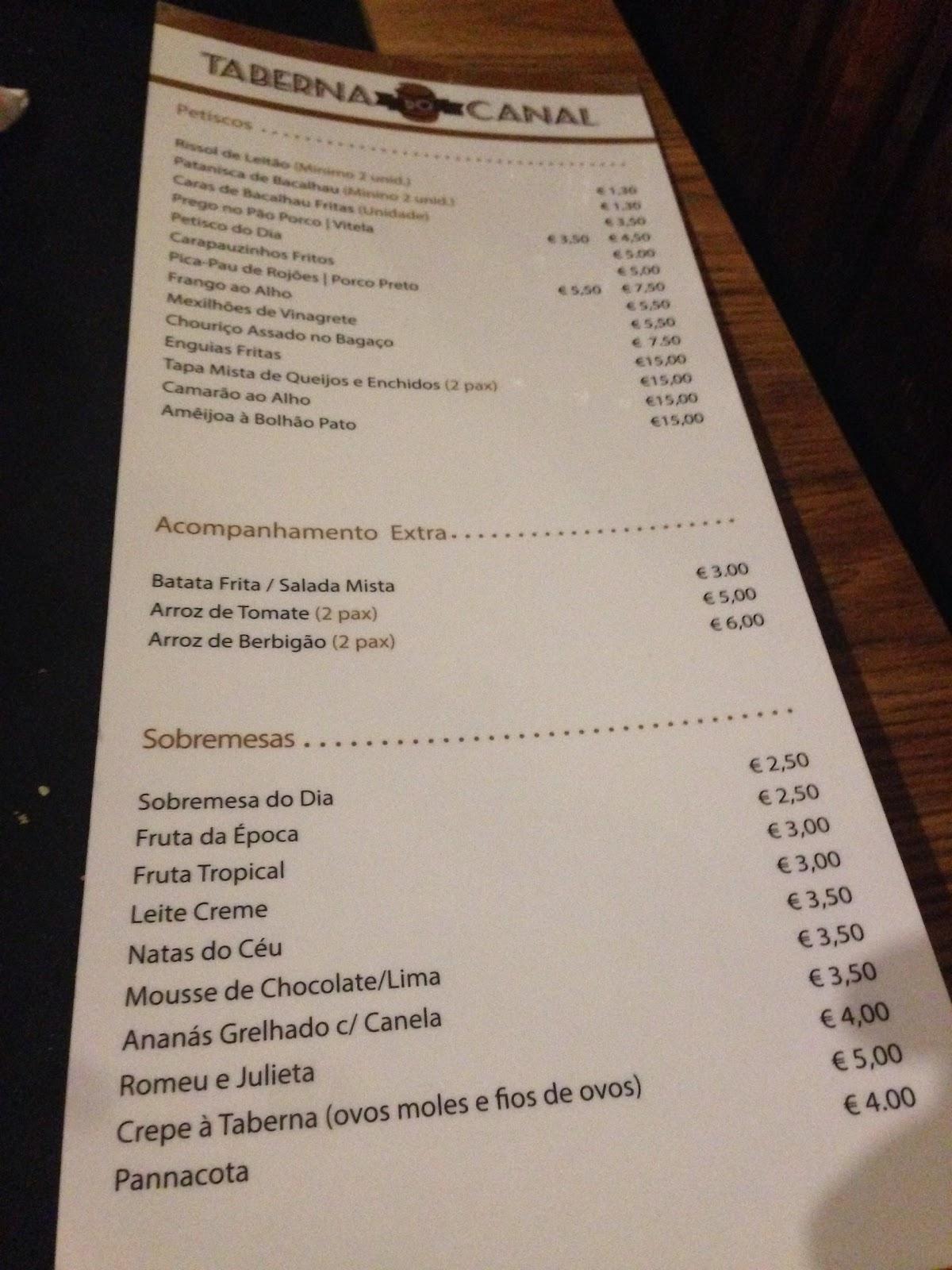 Menu Em Taberna Do Canal Restaurante Aveiro