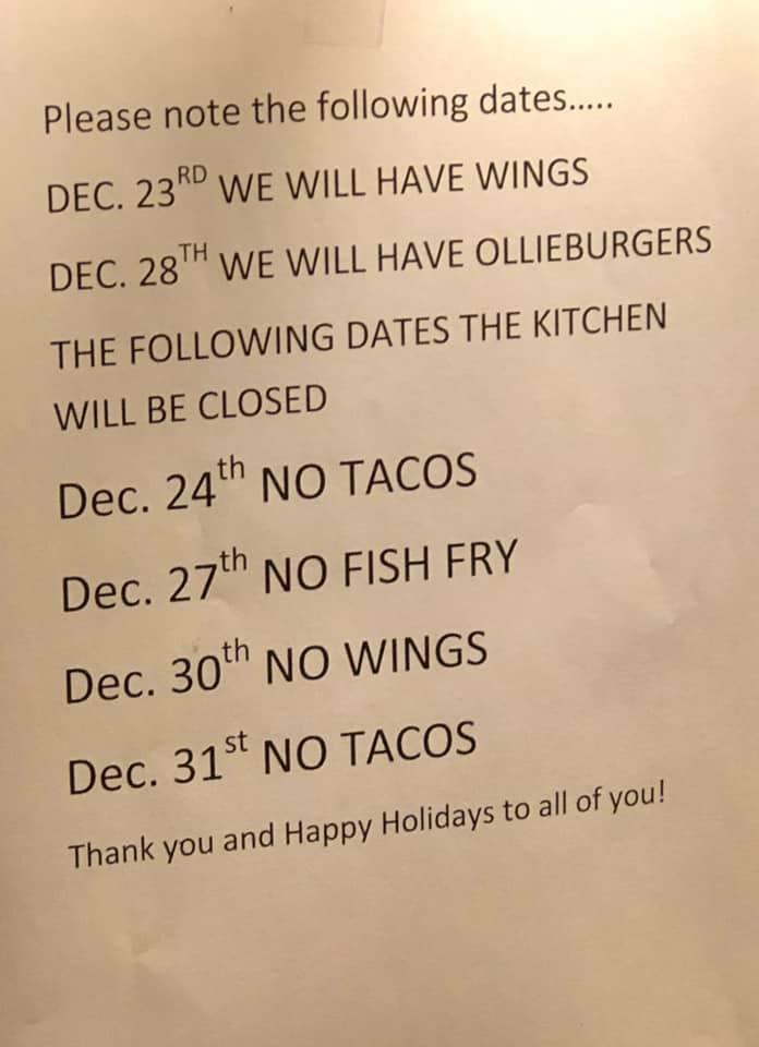 Menu at United Polish Club, Elyria